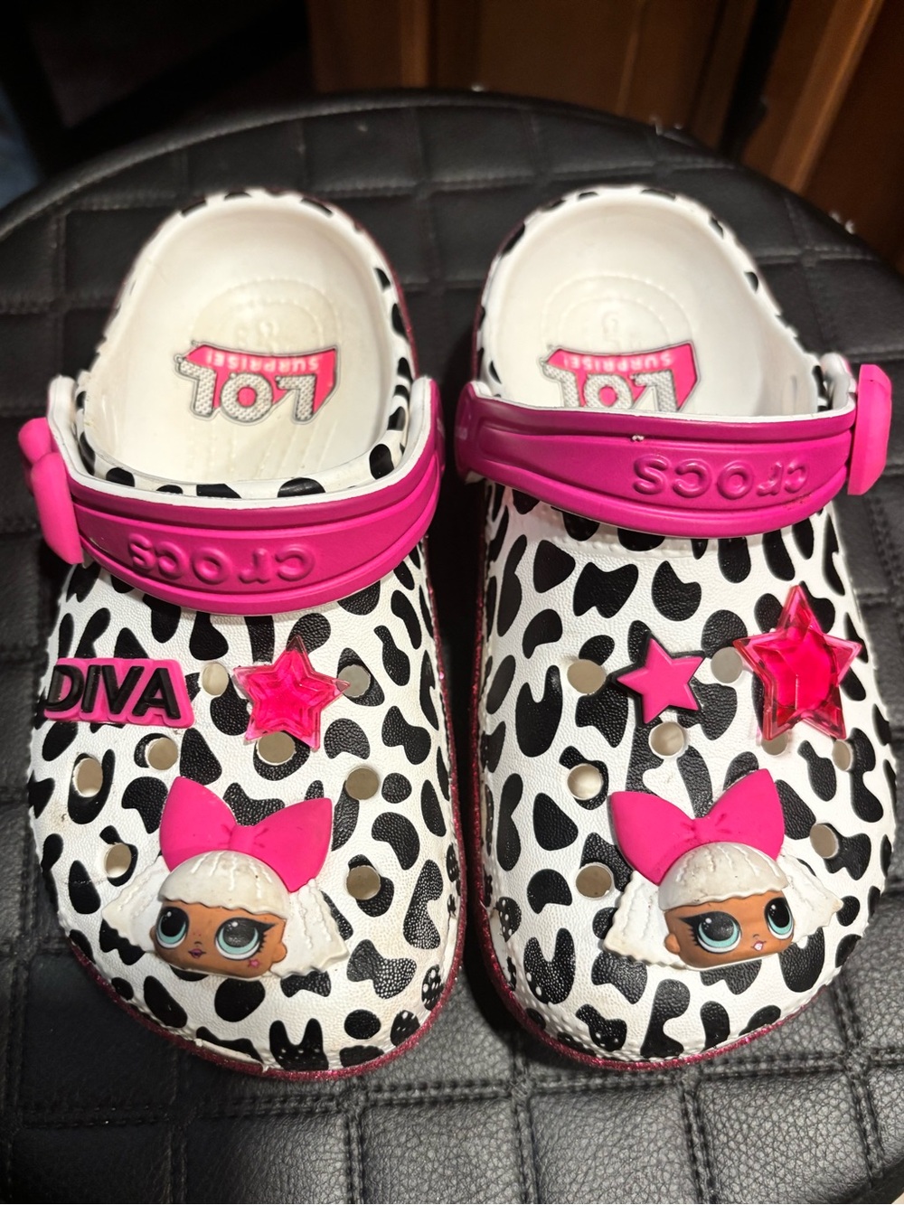 CROCS Kids White & Hot Pink LOL Surprise Clog with Black Spot Print size 12